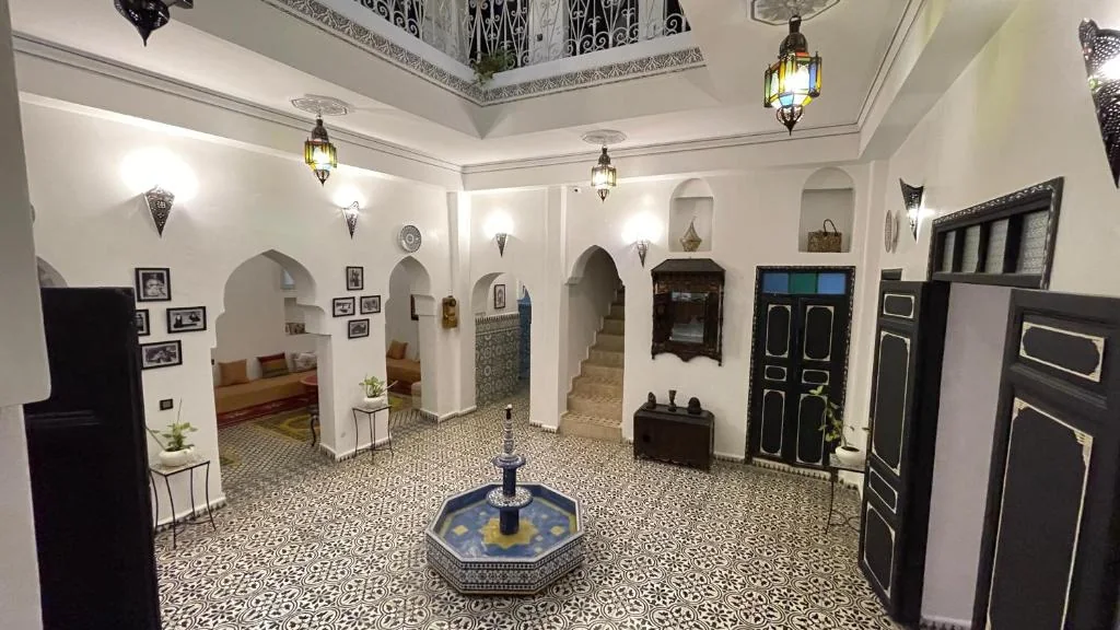 Central courtyard and fountain inside Riad Tingis Tangier